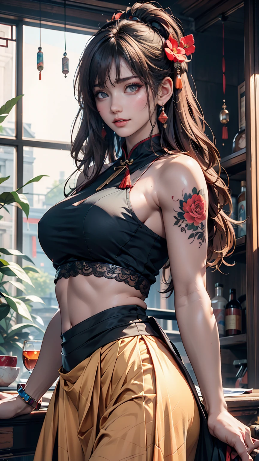 Ancient Chinese Beauties, Attractive temperament, Flowing long skirt, Clear Face, Beautiful Eyes, Around the sweet osmanthus, A well-proportioned masterpiece with perfect body structure, Very detailed, A magnificent composition, Color tattoo art, New Traditional Tattoo Art, SD Tattoo Design, Color tattoo art, Mysterious, warm and friendly atmosphere, Hyperrealistic painting, Super HD, high quality, 最high quality, 32K --v 6、Sexy proportions、Narrow waist、Sexy