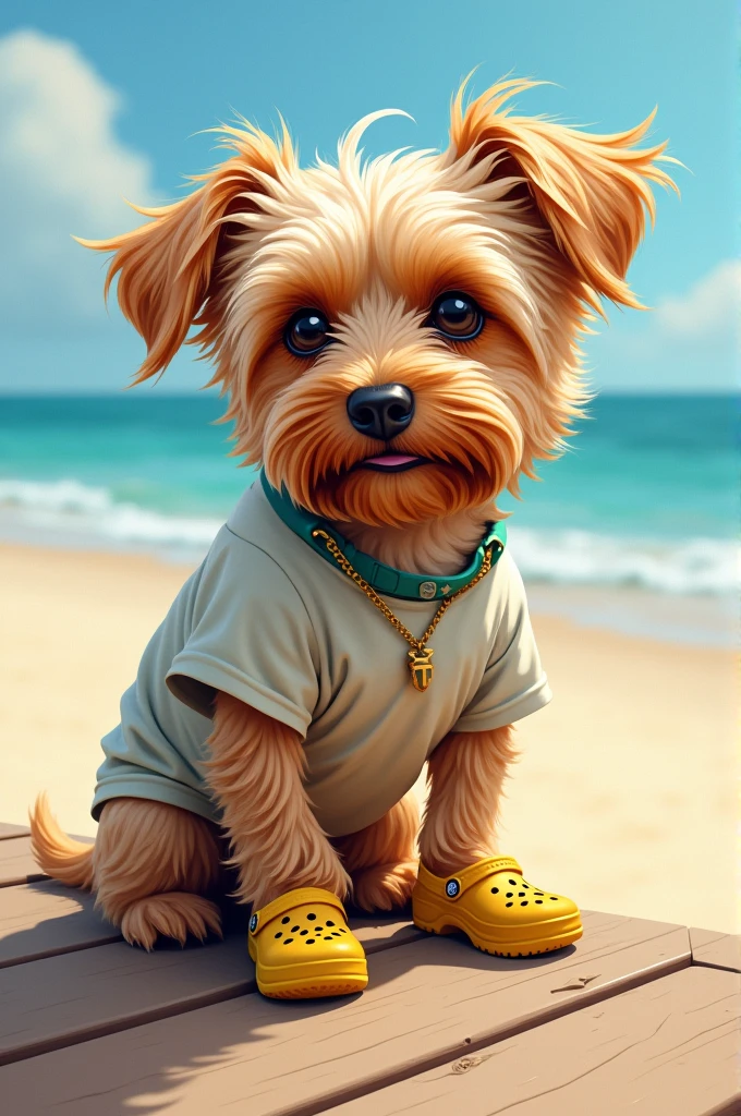 a cute realistic yorkshire terrier, Wearing casual beach wear , crocs, Sad expression, Cute digital illustration art, masterpiece, best quality, Abstractionism