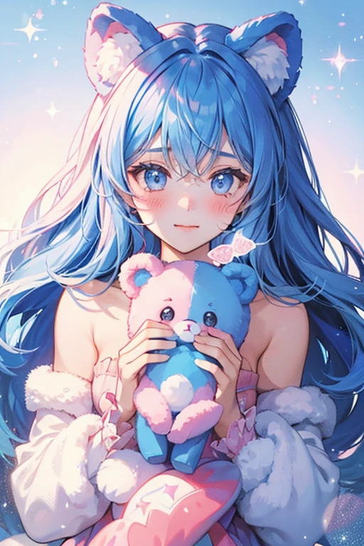 Love is a fluffy girl blue bear with a pink , inner ears, and blush, and a white muzzle. SPARKLE; GLITTER