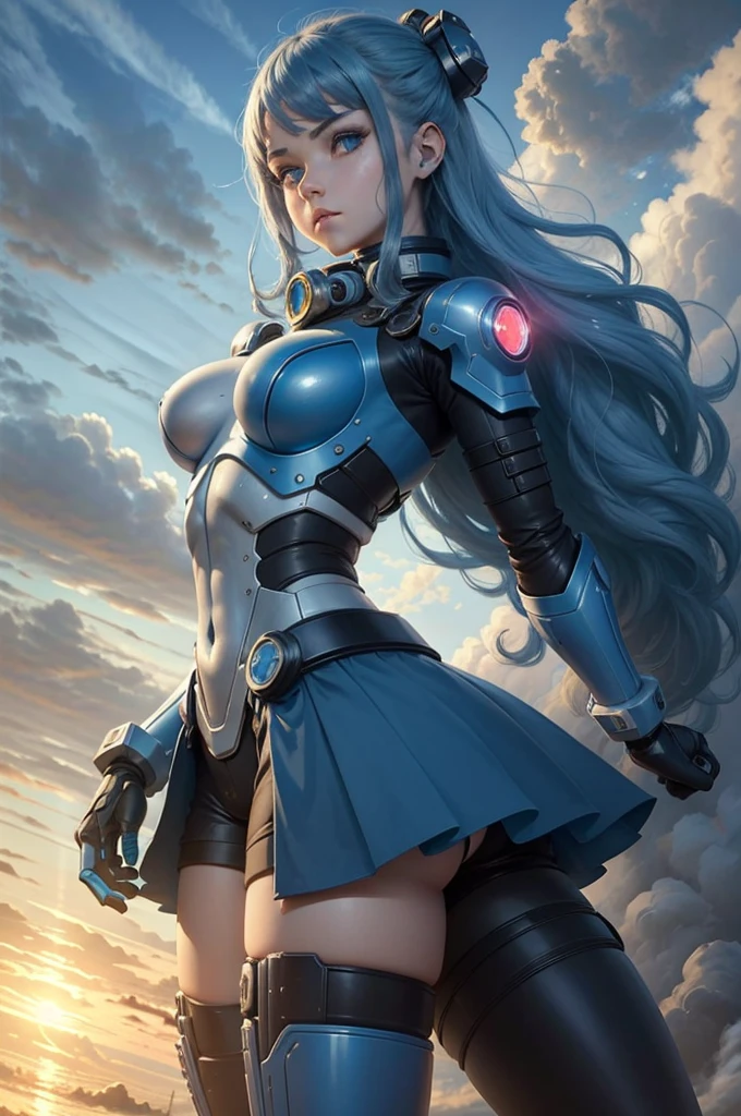 View from below angle from below girl mecha half cyborg, modifications, She has a curvy figure but a narrow waist., she has long blue hair, with blue eyes, with a gas mask on his face, cybernetic suit blue, costume parts with blue lights and LEDs, a multitude of glowing blue lines and lights, hands prosthetics, gorgeous body, short sports shorts that highlight her big wide hips, but it is covered by a mechanical suit, flat horizon photo, anime style pictures, на backgroundе изображения синее небо, clouds and lights and glare in large quantities, and also blue fog and smoke , background: blue sky with clouds