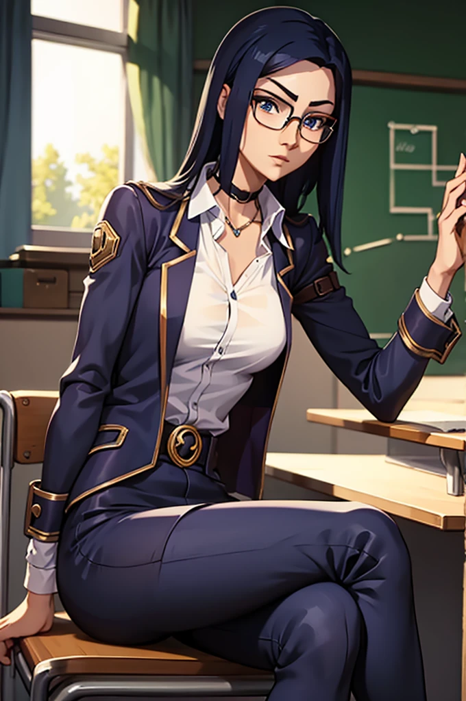 Arcane style ,Caitlynn sitting on a desk , hot , beautiful , glasses , teacher 