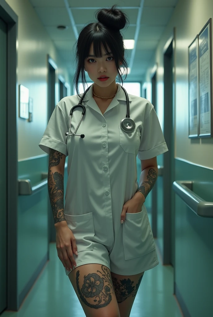 Japanese woman,Beautiful,40 years old,thick bodied,white skin yakuza tattoos,big chested,big ass,thick thighs,expression of lust,black hair color in bun,brown eye color,dressed as a nurse,full body photo distance,dynamic point of view,wide open leg pose,hospital room location,dim light,photo realism style