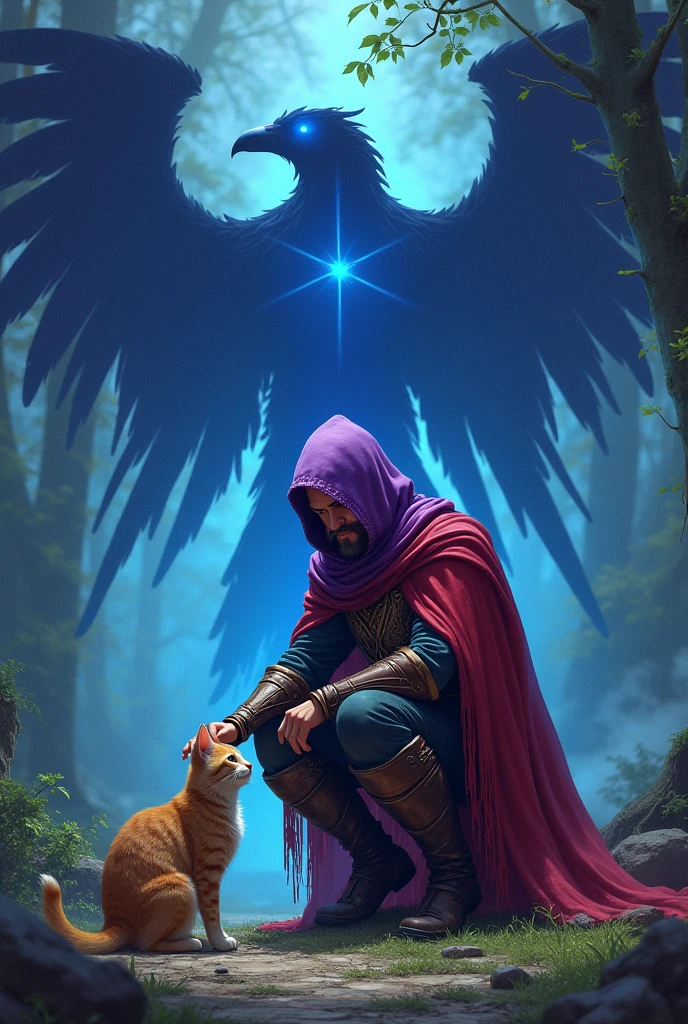 A classic RPG ranger, mystic, crouched down petting a cat and surrounded by a giant spider and a large bird formed from his shadow, blacks with bright eyes. Everyone with their shining eyes. The largest of them being at the back of the scene.. His armor is purple and red in color..