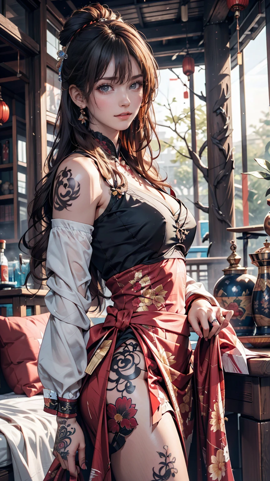 Ancient Chinese Beauties, Attractive temperament, Flowing long skirt, Clear Face, Beautiful Eyes, Around the sweet osmanthus, A well-proportioned masterpiece with perfect body structure, Very detailed, A magnificent composition, Color tattoo art, New Traditional Tattoo Art, SD Tattoo Design, Color tattoo art, Mysterious, warm and friendly atmosphere, Hyperrealistic painting, Super HD, high quality, 最high quality, 32K --v 6