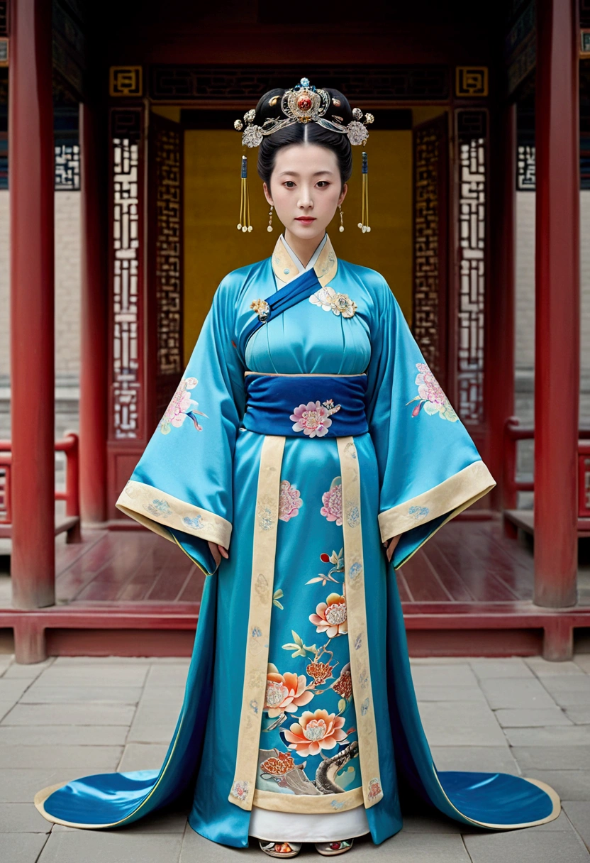 A woman seen from the front, standing full-body, facing forward, wearing a crown and floral hairpin of a Qing dynasty empress in the Chinese imperial court of the Qing dynasty, showing her chest, lower abdomen, thighs and feet。She is wearing no underwear, and her large breasts are exposed, right down to her bare stomach. Her body is tied up and pulled up, and the background is the stone pavement of the Chinese palace during the Qing dynasty.