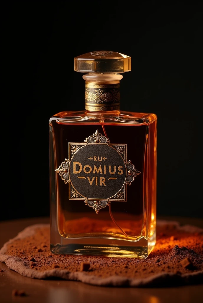 Create a picture of a perfume. The fragrance comes from the Orient. It is sweet and warm. It is also spicy and cinnamony. The picture should be darker and the perfume should only say Dominus Vir.
The picture is kept dark. The perfume is the most expensive on the market