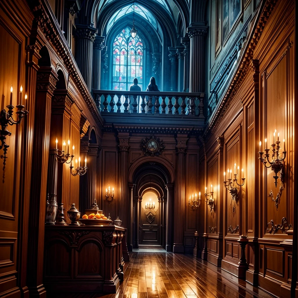 fancy medieval room, fantasy, lamp, orange light, Dark, elegant room, scenario, night,