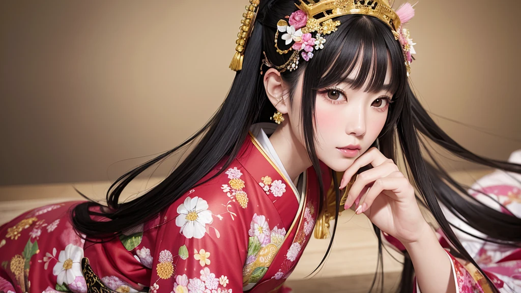 Create an illustration of a Japanese noblewoman from the Heian period, dressed in an elaborate and colorful multi-layered kimono. The kimono should feature intricate floral patterns with a combination of soft yellow, green, and pink colors. The noblewoman has long, straight black hair that flows down her back. Her face is delicate and serene, reflecting the elegance and grace of classical Japanese art. The overall style should be traditional, with attention to detail in the fabric patterns and the posture of the noblewoman, capturing the refinement of the Heian period. The background should be minimal or plain white to emphasize the figure and her clothing. face closeup