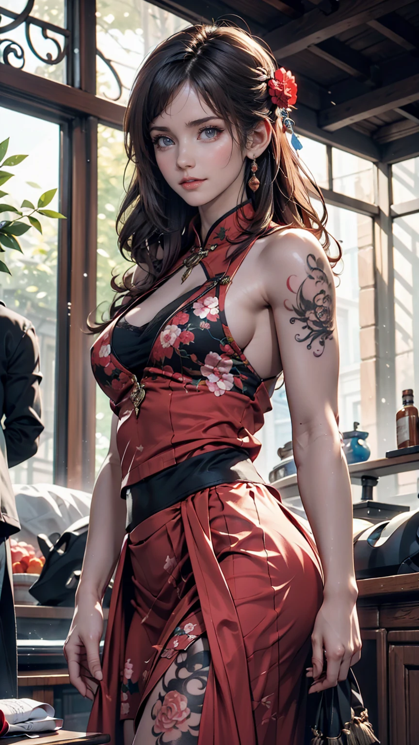 Full body, solo, MaiShiranui,Hands on breasts,(Japanese high school uniform:1.5), wristband, earrings, cross necklace, bangs, black hair, blunt bangs, ( gigantic breasts:1.4), lips, long hair, moles under the mouth, purple eyes, slightly dilated lips, smile, wet skin, Wet hair, shame,Standing amidst the falling cherry blossoms,(rose_tattoos:1.5), (masterpiece: 1.4), (best quality: 1.4), real-life portrait photography, looking at the viewer,Center,