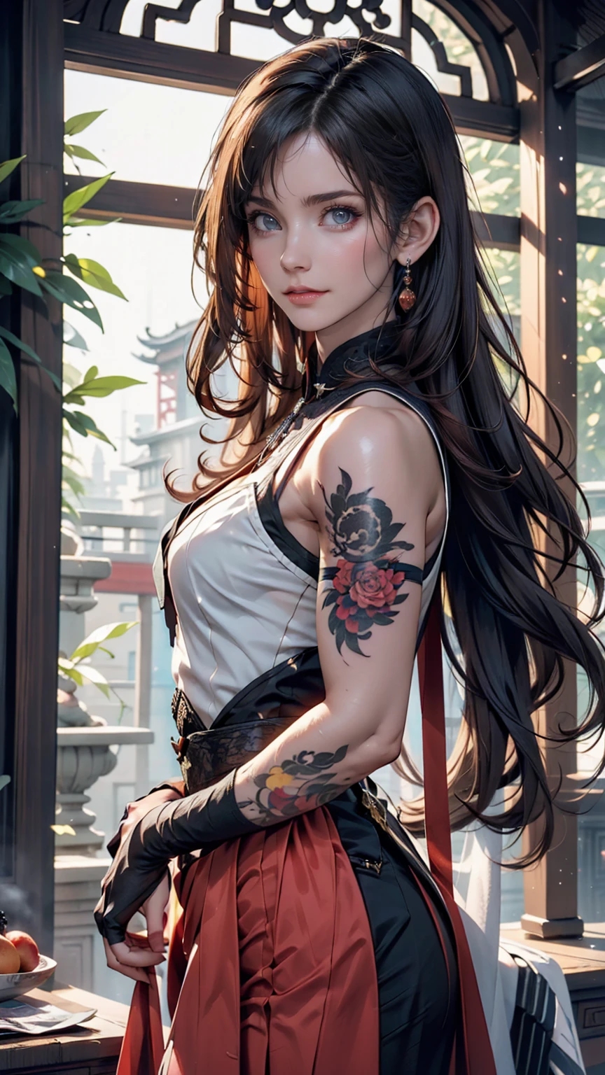 Ancient Chinese Beauties, Attractive temperament, Flowing long skirt, Clear Face, Beautiful Eyes, Around the sweet osmanthus, A well-proportioned masterpiece with perfect body structure, Very detailed, A magnificent composition, Color tattoo art, New Traditional Tattoo Art, SD Tattoo Design, Color tattoo art, Mysterious, warm and friendly atmosphere, Hyperrealistic painting, Super HD, high quality, 最high quality, 32K --v 6