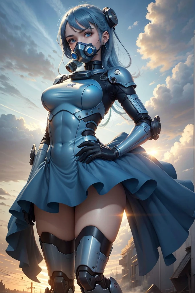 View from below angle from below girl mecha half cyborg, modifications, She has a curvy figure but a narrow waist., she has long blue hair, with blue eyes, with a gas mask on his face, cybernetic suit blue, costume parts with blue lights and LEDs, a multitude of glowing blue lines and lights, hands prosthetics, gorgeous body, short sports shorts that highlight her big wide hips, but it is covered by a mechanical suit, flat horizon photo, anime style pictures, на backgroundе изображения синее небо, clouds and lights and glare in large quantities, and also blue fog and smoke , background: blue sky with clouds