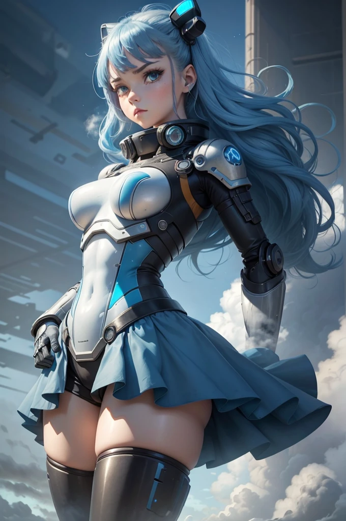View from below angle from below girl mecha half cyborg, modifications, She has a curvy figure but a narrow waist., she has long blue hair, with blue eyes, with a gas mask on his face, cybernetic suit blue, costume parts with blue lights and LEDs, a multitude of glowing blue lines and lights, hands prosthetics, gorgeous body, short sports shorts that highlight her big wide hips, but it is covered by a mechanical suit, flat horizon photo, anime style pictures, на backgroundе изображения синее небо, clouds and lights and glare in large quantities, and also blue fog and smoke , background: blue sky with clouds