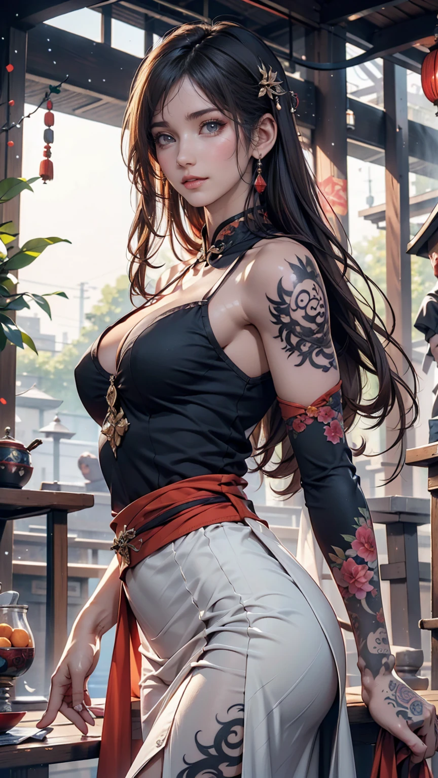 Ancient Chinese Beauties, Attractive temperament, Flowing long skirt, Clear Face, Beautiful Eyes, Around the sweet osmanthus, A well-proportioned masterpiece with perfect body structure, Very detailed, A magnificent composition, Color tattoo art, New Traditional Tattoo Art, SD Tattoo Design, Color tattoo art, Mysterious, warm and friendly atmosphere, Hyperrealistic painting, Super HD, high quality, 最high quality, 32K --v 6