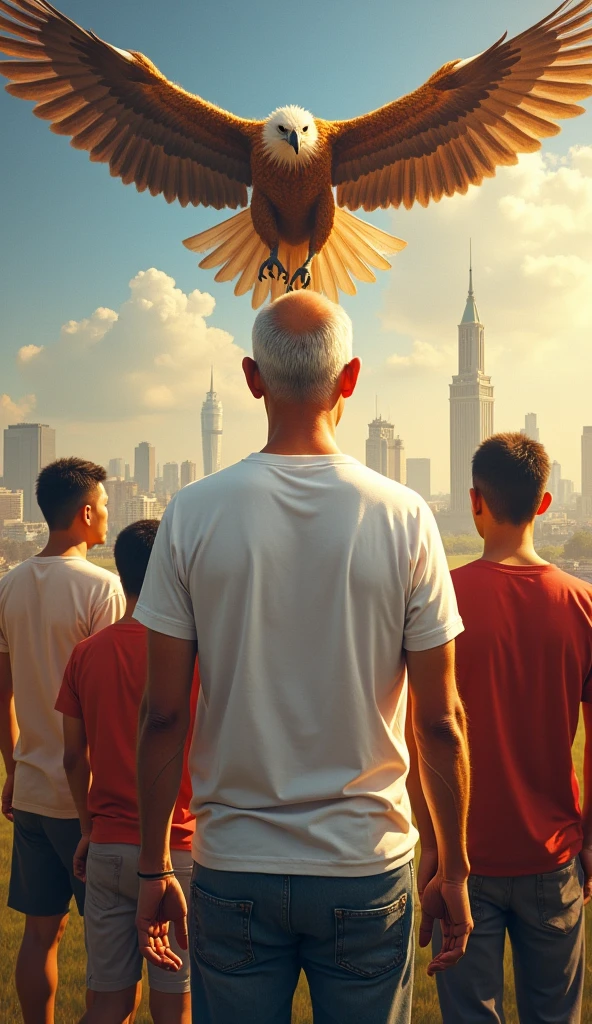 painting of Indonesian independence with the Garuda letter and heroes and the capital city of the archipelago, asian old man, handsome face even though he is bald, thin and the shortest in height compared to the otherswith, wearing white t-shirt and jeans, with the other look at the sky, the eagle flapped its beautiful wings, flying above them, hyperrealistic, detailed, 8K UHD Image