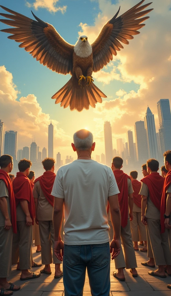 painting of Indonesian independence with the Garuda letter and heroes and the capital city of the archipelago, asian old man, handsome face even though he is bald, thin and the shortest in height compared to the otherswith, wearing white t-shirt and jeans, with the other look at the sky, the eagle flapped its beautiful wings, flying above them, hyperrealistic, detailed, 8K UHD Image