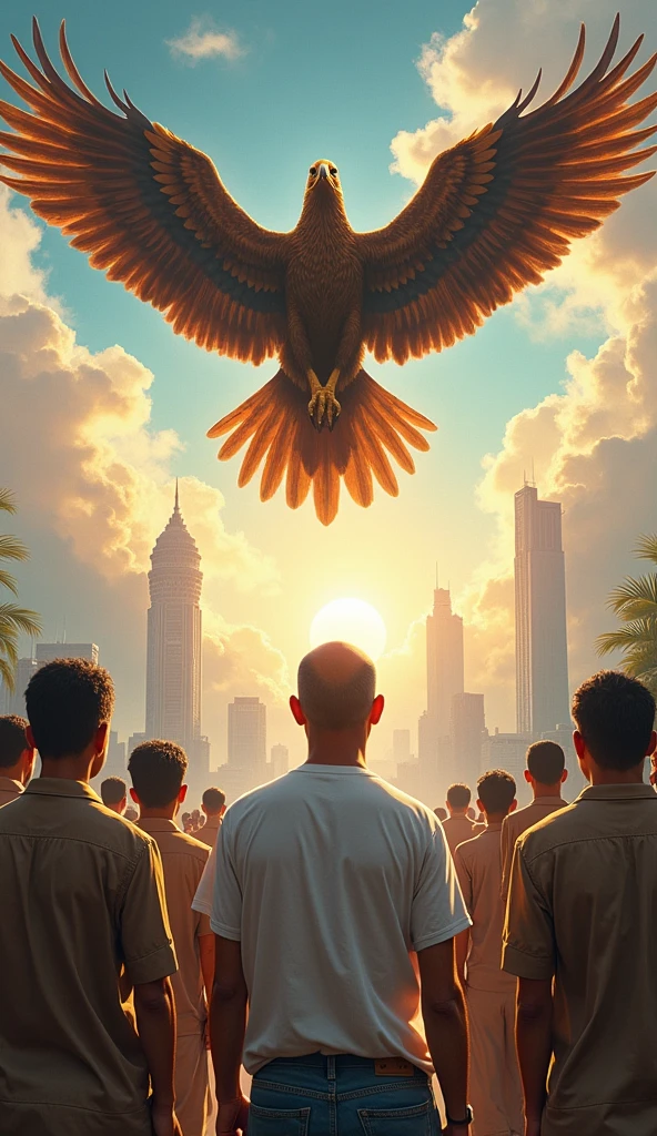 painting of Indonesian independence with the Garuda letter and heroes and the capital city of the archipelago, asian old man, handsome face even though he is bald, thin and the shortest in height compared to the otherswith, wearing white t-shirt and jeans, with the other look at the sky, the eagle flapped its beautiful wings, flying above them, hyperrealistic, detailed, 8K UHD Image