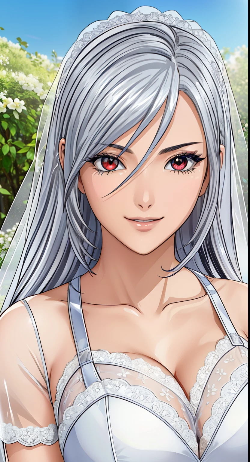 (masterpiece, best quality, beautiful and aesthetic:1.3), 1woman, ((very mature woman)),(30 years old, thirties), solo, light smile,  (Silver  hair streaked white:1.4), (Gradient silver hair ends:1.6), hair strand, absurdly long hair, single sidelock, wavy hair, shiny hair, floating hair, (deep red eyes), delicate eyes, aqua eyes, super high detailed eyes, long upper eyelashes, makeup, Focus on face, Very detailed facial, Pretty Face, Perfect breasts, hot body, (Delicate skin texture:1.2), bridal veil, lace-trimmed dress, see-through, wedding dress, outdoors, white roses, garden, morning, standing, extreme detailed, light smile