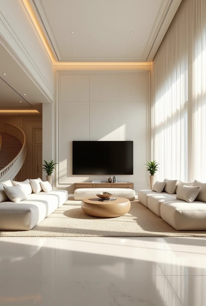 Giant room with a large television and large furniture and in the background stairs to the second floor and elegant white tones,beige or gold