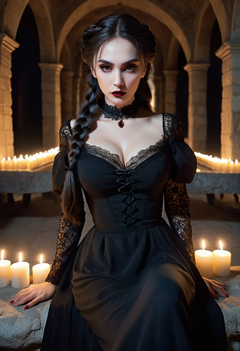 8K quality, ultra-high definition, realistic, Transylvanian castle in Romania, stone underground mortuary, dimly lit by candles, rows of luxurious coffins, Dracula's wife sleeping in the coffin, the lid of the coffin is open because it is night,
She has just woken up, it looks like she woke up in the coffin, she is a mature beauty, her hair is black and carefully braided and tied up, her breasts are large and she is wearing a luxurious long black dress, the dress has lace around the chest and is generously flared, her skin is pure white, her eyes are gray, she has long eyelashes and attractive eyes, she is a vampire, the shadows are deep, the camera focuses on her, attention to detail.