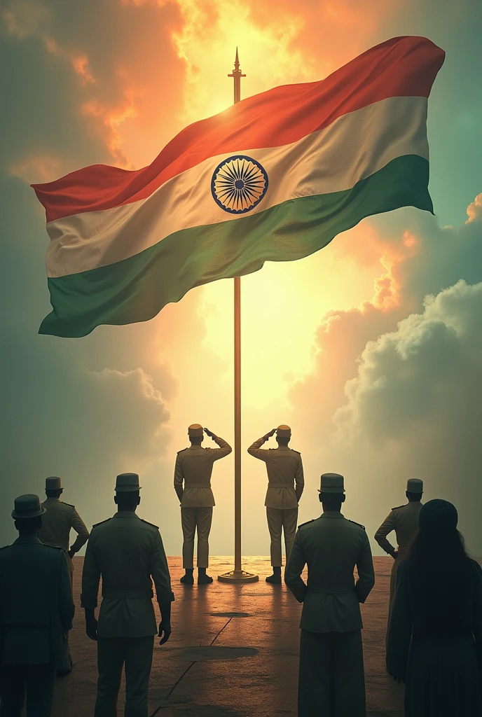 Indian flag in hd with some fantasy background with some persons saluting to the flag