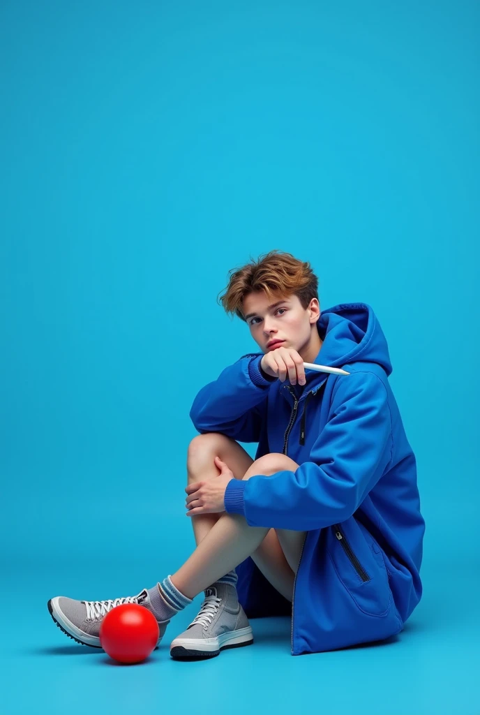 18 age Cut to blue chair sitting on right leg left leg blue coat white pen
The right hand holds a red ball
Looking at the camera, straight ahead