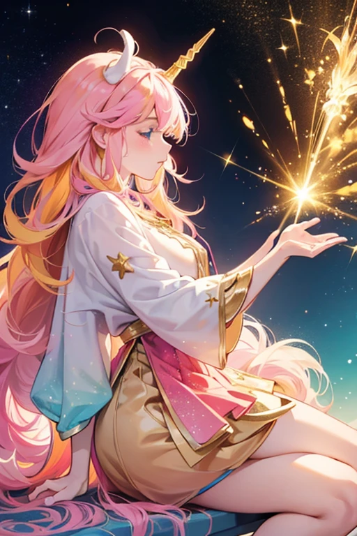 Dream is a white girl unicorn with golden hooves and horn, a pink muzzle and cheeks, and a multicolored mane and tail with the colors consisting of pink, orange, green, and blue. SPARKLE; GLITTER