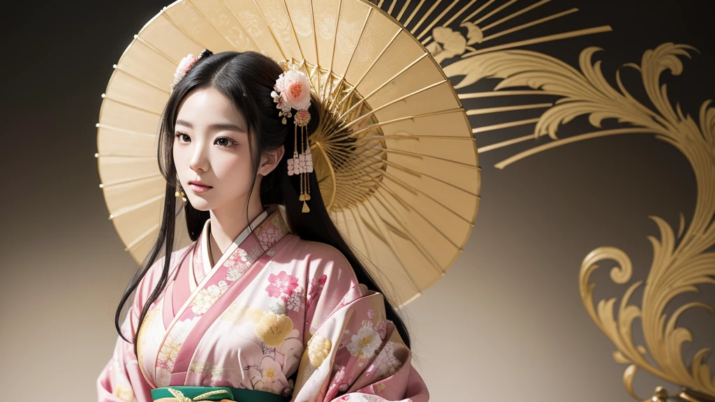 Create an illustration of a Japanese noblewoman from the Heian period, dressed in an elaborate and colorful multi-layered kimono. The kimono should feature intricate floral patterns with a combination of soft yellow, green, and pink colors. The noblewoman has long, straight black hair that flows down her back. Her face is delicate and serene, reflecting the elegance and grace of classical Japanese art. The overall style should be traditional, with attention to detail in the fabric patterns and the posture of the noblewoman, capturing the refinement of the Heian period. The background should be minimal or plain white to emphasize the figure and her clothing. face closeup