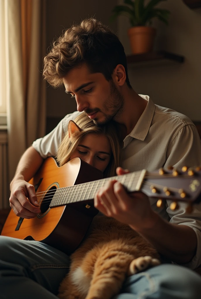 A girlfriend rests her head on her boyfriend's lap while he sings and plays the guitar.、Cat