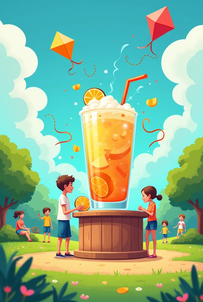 Create my logo, Set dos Drinks , make kites in the sky in a park full of people show a big glass like those in a wine cellar with a drink and square coconut ice inside, no straw or fruits just using drinks Make a character too if possible