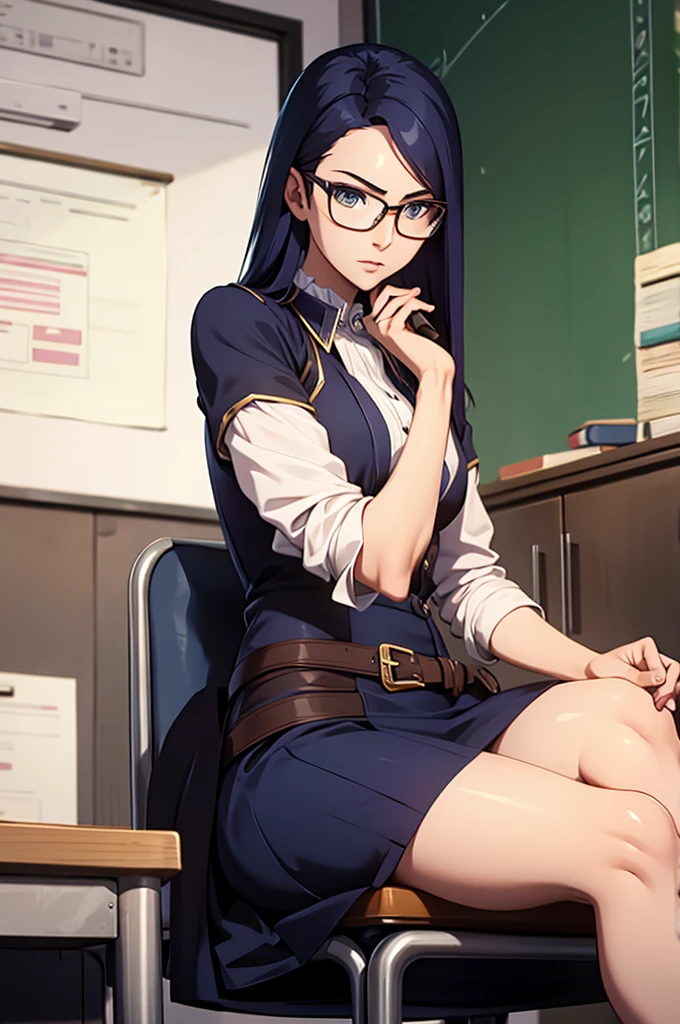 Arcane style ,Caitlynn sitting on a desk , hot , beautiful , glasses , teacher 