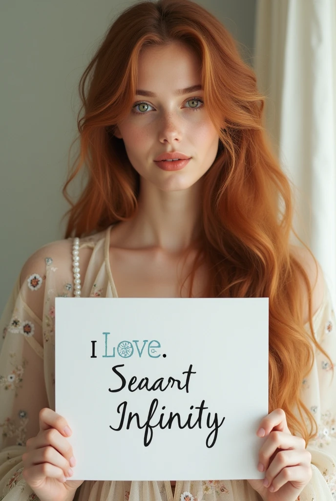 Beautiful girl with wavy long hair, bohemian dress, holding a white board with text "I Love Seaart Infinity" and showing it to the viewer