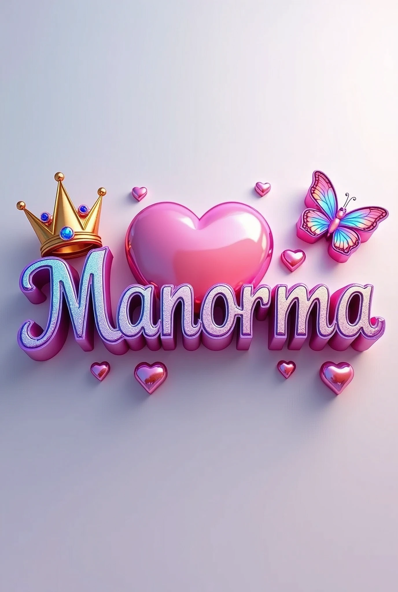 Create a 3D vibrant text design with the name 'Manorma' in the center. The text should have a shiny, multicolored metallic finish with a gradient effect, blending colors like pink, purple, blue, and gold. Add decorative elements around the text, including a pink heart with a diamond and a golden crown on top of it, and a holographic butterfly on the right side. Also, include small heart shapes in the design, with a soft glow around them. The background should be smooth with a subtle light gradient, complementing the colors of the text.