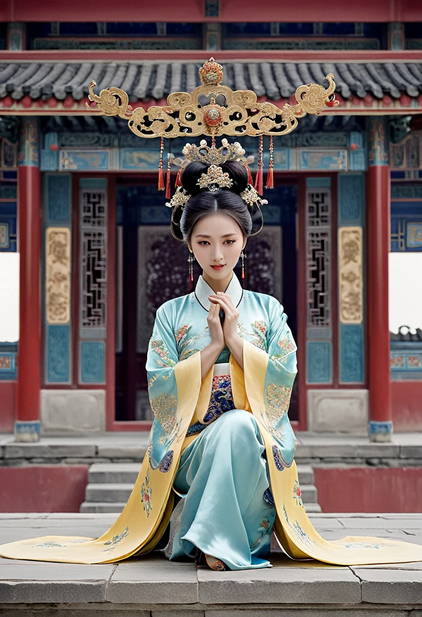 Stone letter M (pornographic pose) outside a Chinese palace during the Qing Dynasty A gorgeous Chinese courtesan with her hair tied on both sides A perverted and erotic woman wearing a crown and tying her hair is the backdrop for a gorgeous room of an empress in a Chinese court during the Qing Dynasty.