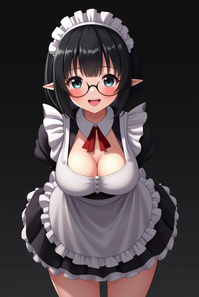 1girl, gorgeous girl , kawai girl , cute face, cute smile, cute cheeks , vampire teeth, elves ears, beautiful eyes, specs , black hair, bangs , (((short fluffy hair))) , ((maid outfit)), ((large saggy breast)), (((cleavage))), bend forward ,wet body, standing , (slim fit), pose , boob focus , boob focus, dark background