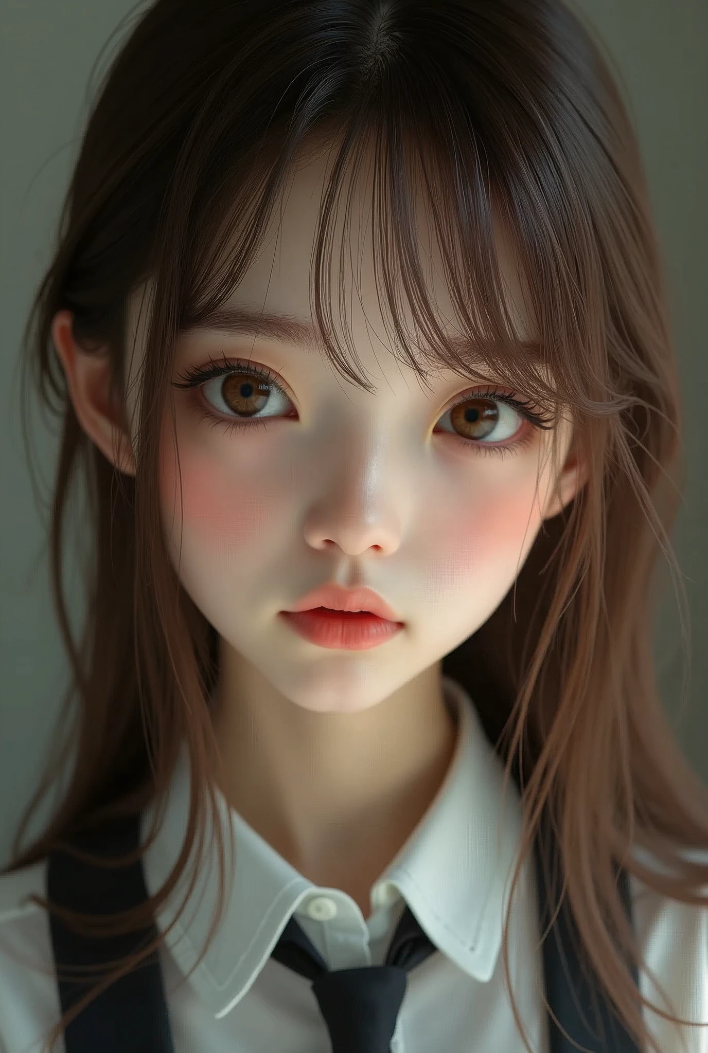 Amazing face and eyes, highly detailed Beautiful face, brown straight hair, Bangs, big brown eyes, pale skin, slim, pale skin, hi-school uniform, fine face