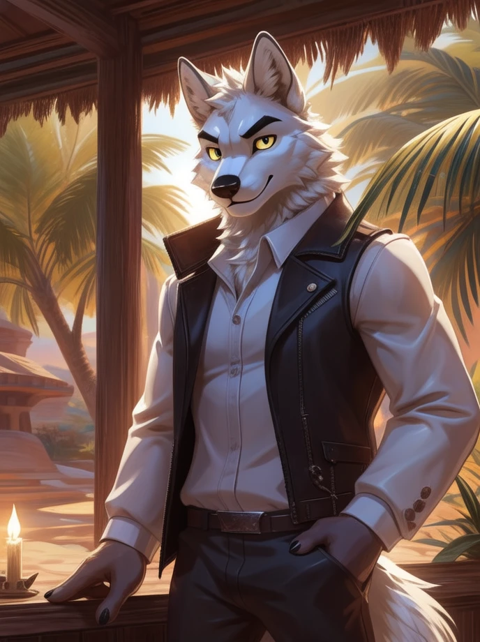 Cartoon character,high quality illustration,furry masculino,body color white, details on the red face,yellow eye color, white wolf ears,red color at the tips of the ears, black cowboy hat, brown sleeveless jacket with gold details,gray hand hair color, exploration pants,illuminated place,giorno,Oasis.