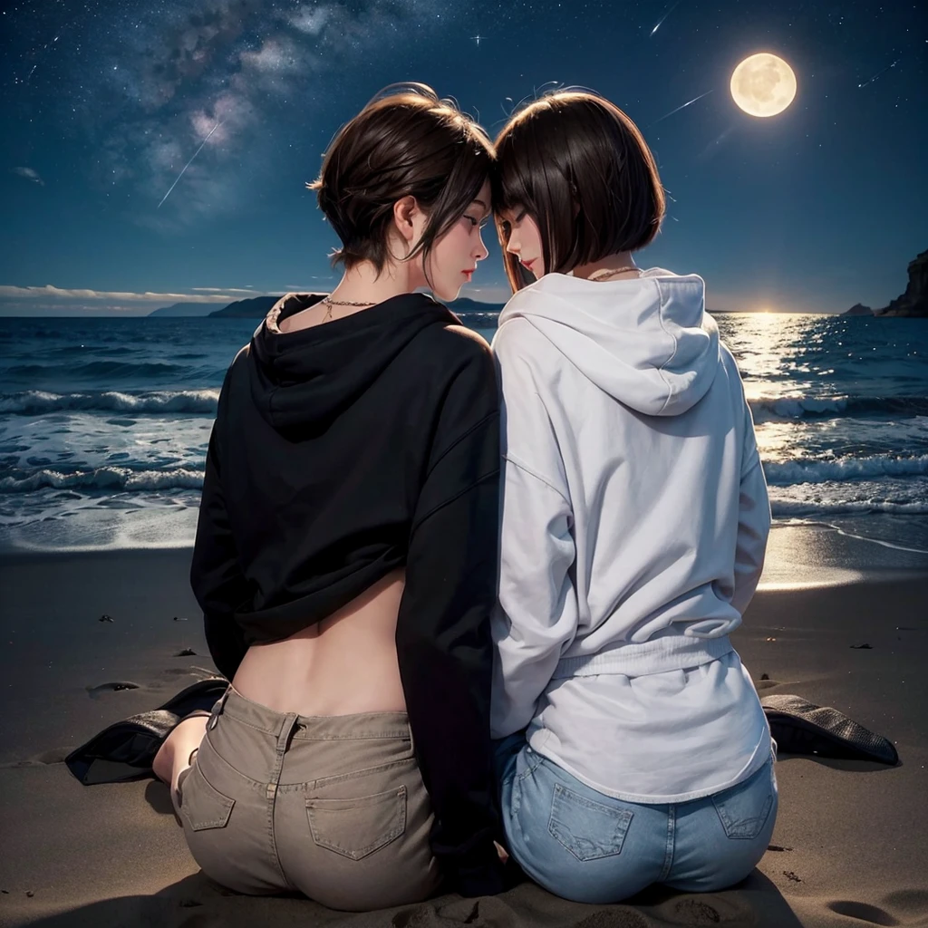 "Create an image of a nighttime beach scene where a woman and man are sitting together, viewed from behind. The woman has a bob hairstyle with brown hair, wearing a black hoodie with 'YUKA' written in white on the back, and white jeans. The man has short brown hair, wearing a black hoodie and black cargo pants. They are both looking at the moon, which is clearly visible in the night sky. The setting is serene and the scene is illuminated by moonlight reflecting on the sand."