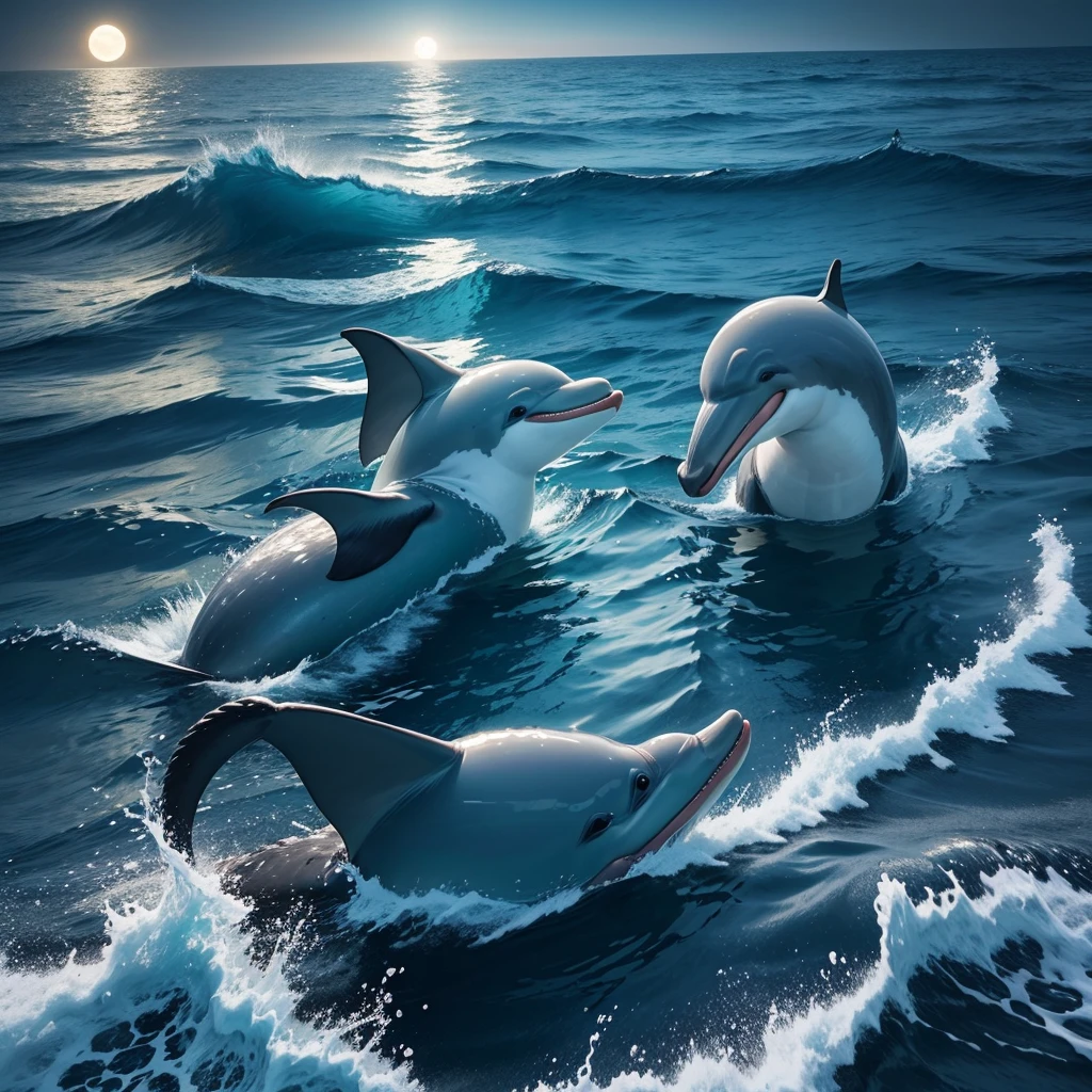 Two dolphins,Swimming on the surface of the ocean at night,moonlight,Pretty face,Swimming towards me