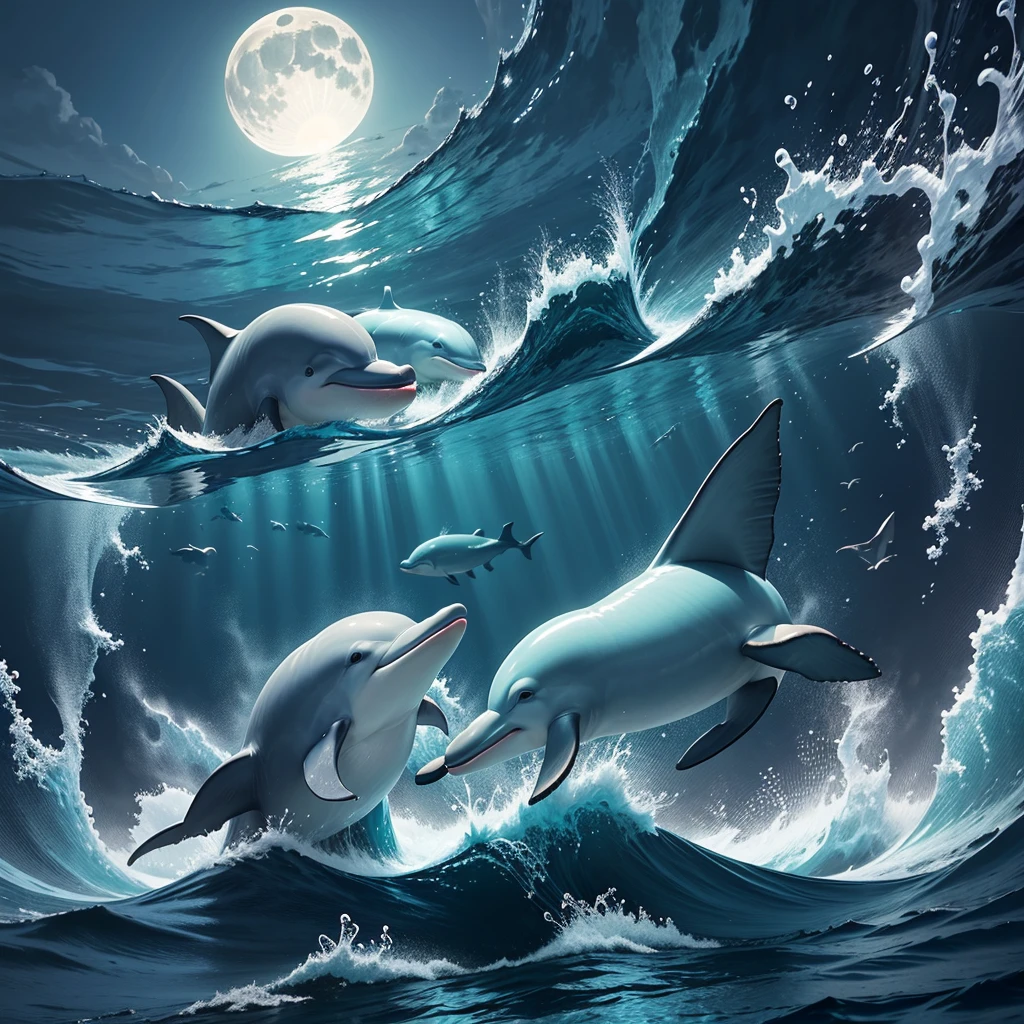 Two dolphins,Swimming on the surface of the ocean at night,moonlight,Pretty face,Swimming towards me