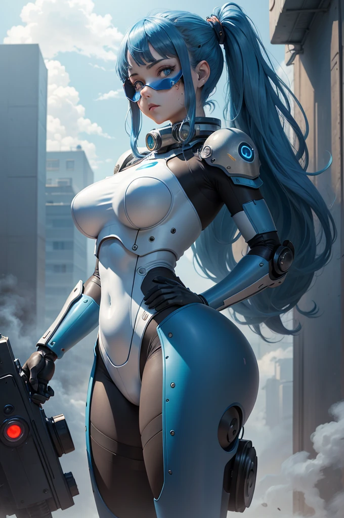 View from below angle from below girl mecha half cyborg, modifications, She has a curvy figure but a narrow waist., she has long blue hair, with blue eyes, with a gas mask on his face, cybernetic suit blue, costume parts with blue lights and LEDs, a multitude of glowing blue lines and lights, hands prosthetics, gorgeous body, short sports shorts that highlight her big wide hips, but it is covered by a mechanical suit, flat horizon photo, anime style pictures, на backgroundе изображения синее небо, clouds and lights and glare in large quantities, and also blue fog and smoke , background: blue sky with clouds