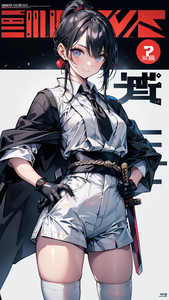 Magazine Cover Adult features Short Ponytail length, Narrow eyes smile Glare frivolous attitude Japanese Clothing White shirt Black hot pants Black long gloves Black knee socks Keep your hands on your hips Japan Hold the sword to your waist Cape mechanized japanese castle