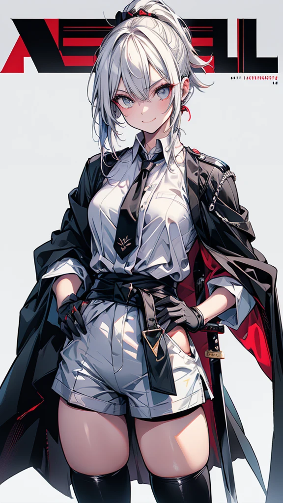 Magazine Cover Adult features Short Ponytail length, Narrow eyes smile Glare frivolous attitude Japanese Clothing White shirt Black hot pants Black long gloves Black knee socks Keep your hands on your hips Japan Hold the sword to your waist Cape mechanized japanese castle
