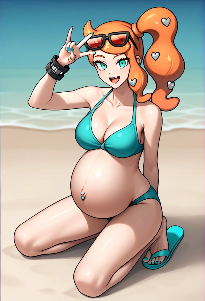 score_9, score_7_up BREAK solo,EPpkSonia,orange hair, side ponytail, aqua eyes, long hair, eyewear on head, sunglasses, heart hair ornament, aqua bikini, pregnant , big belly, Belly button piercing, cleavage, bracelet, collarbone, blue panties, nail polish, aqua nails, aqua toenails, beach, happy, White flip flops, aqua toenails, model posing