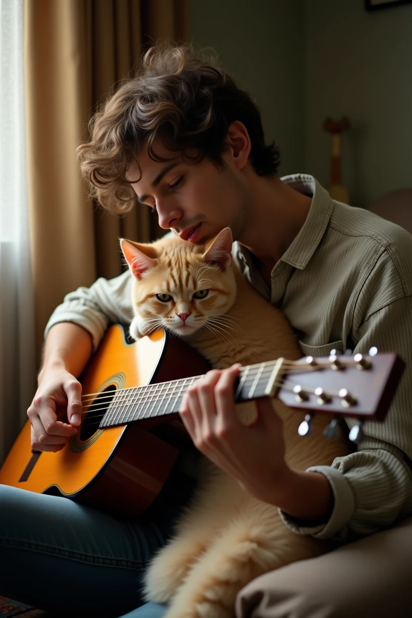 A girlfriend rests her head on her boyfriend&#39;s lap while he sings and plays the guitar.、Cat