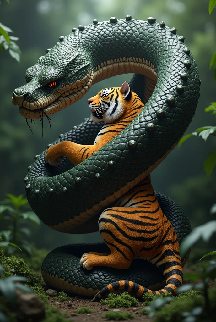 Imposing snake around a skinny tiger