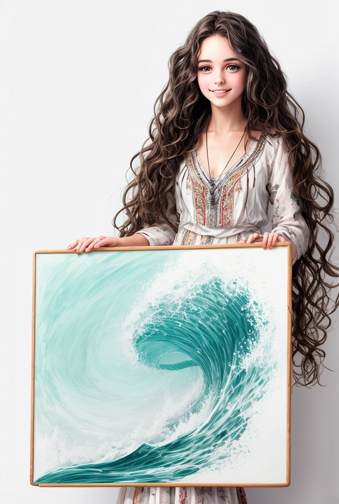 Beautiful girl with wavy long hair, bohemian dress, holding a white board with text "I Love Seaart Infinity" and showing it to the viewer