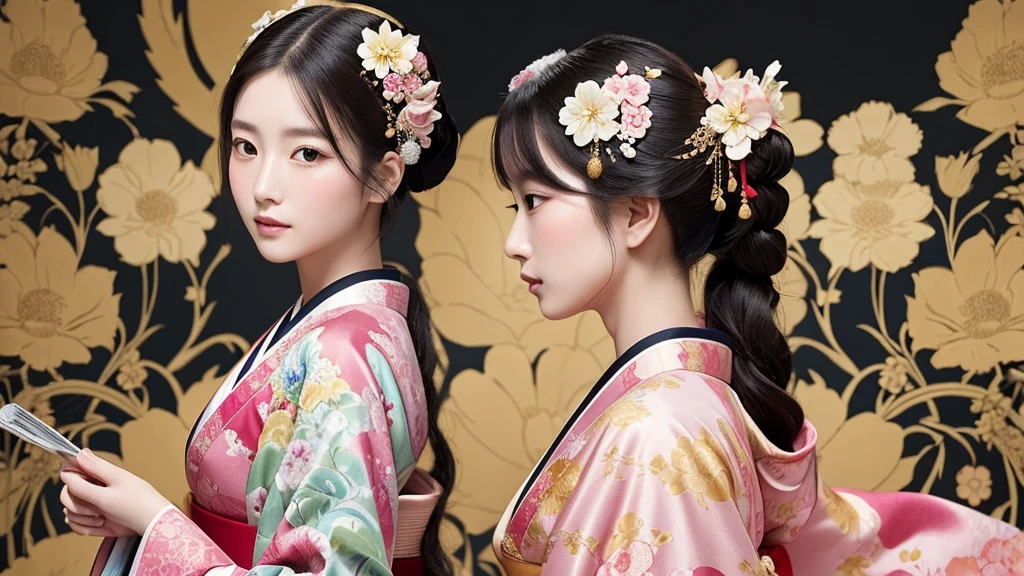 Create an illustration of a Japanese noblewoman from the Heian period, dressed in an elaborate and colorful multi-layered kimono. The kimono should feature intricate floral patterns with a combination of soft yellow, green, and pink colors. The noblewoman has long, straight black hair that flows down her back. Her face is delicate and serene, reflecting the elegance and grace of classical Japanese art. The overall style should be traditional, with attention to detail in the fabric patterns and the posture of the noblewoman, capturing the refinement of the Heian period. The background should be minimal or plain white to emphasize the figure and her clothing. face closeup