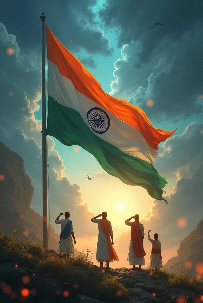 Indian flag in hd with some fantasy background with some persons saluting to the flag

It's very nice can you give another one like this