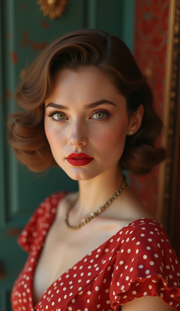 A young woman in a vintage-inspired dress, 50s hairstyle, retro makeup, and bold red lips posing confidently while looking directly into the camera, colorful, digital painting, realistic, portrait, concept art, studio lighting, sharp focus, high resolution.