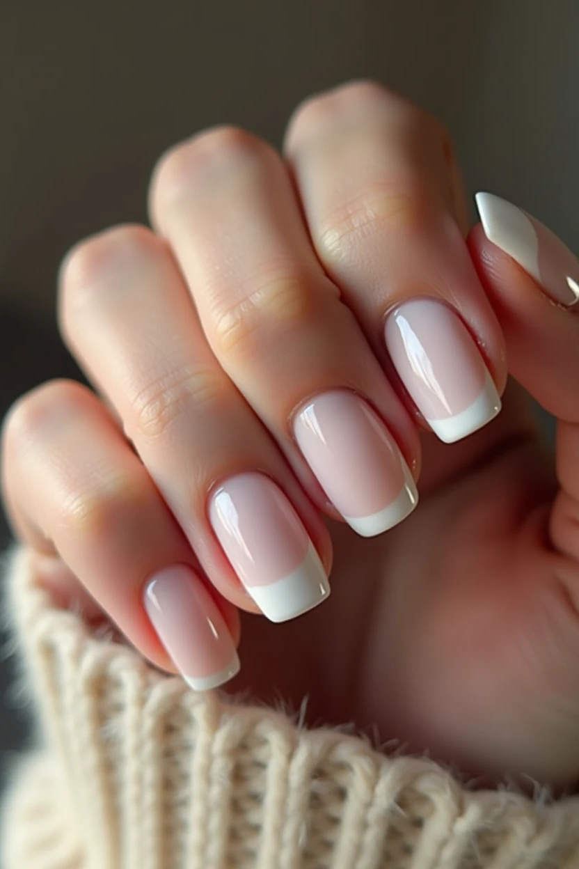 perfect hand of 23 year old women, perfect hand shot, detailed image of hand, beautiful and realistic simplest nail design, clean nail design with naked color and white color combo, perfect short nail, shot form i phone 16 pro max with lens blur and bookeh effect, realistic, full hd 24k hd